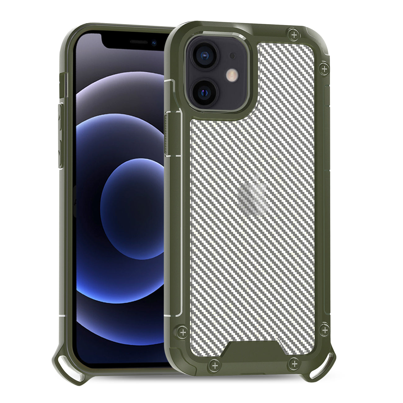Reiko Shockproof PC Bumper Case With Carbon Fiber Pattern In Green For iPhone 12 Mini